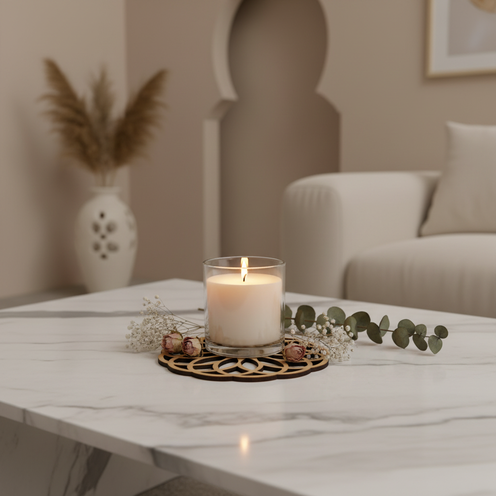 Celosía Warda como base decorativa para vela y flores secas en mesa de mármol