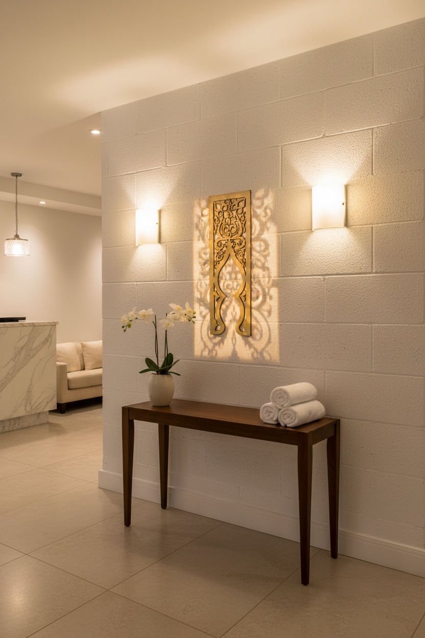 Panel Qaws dorado como elemento decorativo entre apliques en recepción de hotel spa boutique