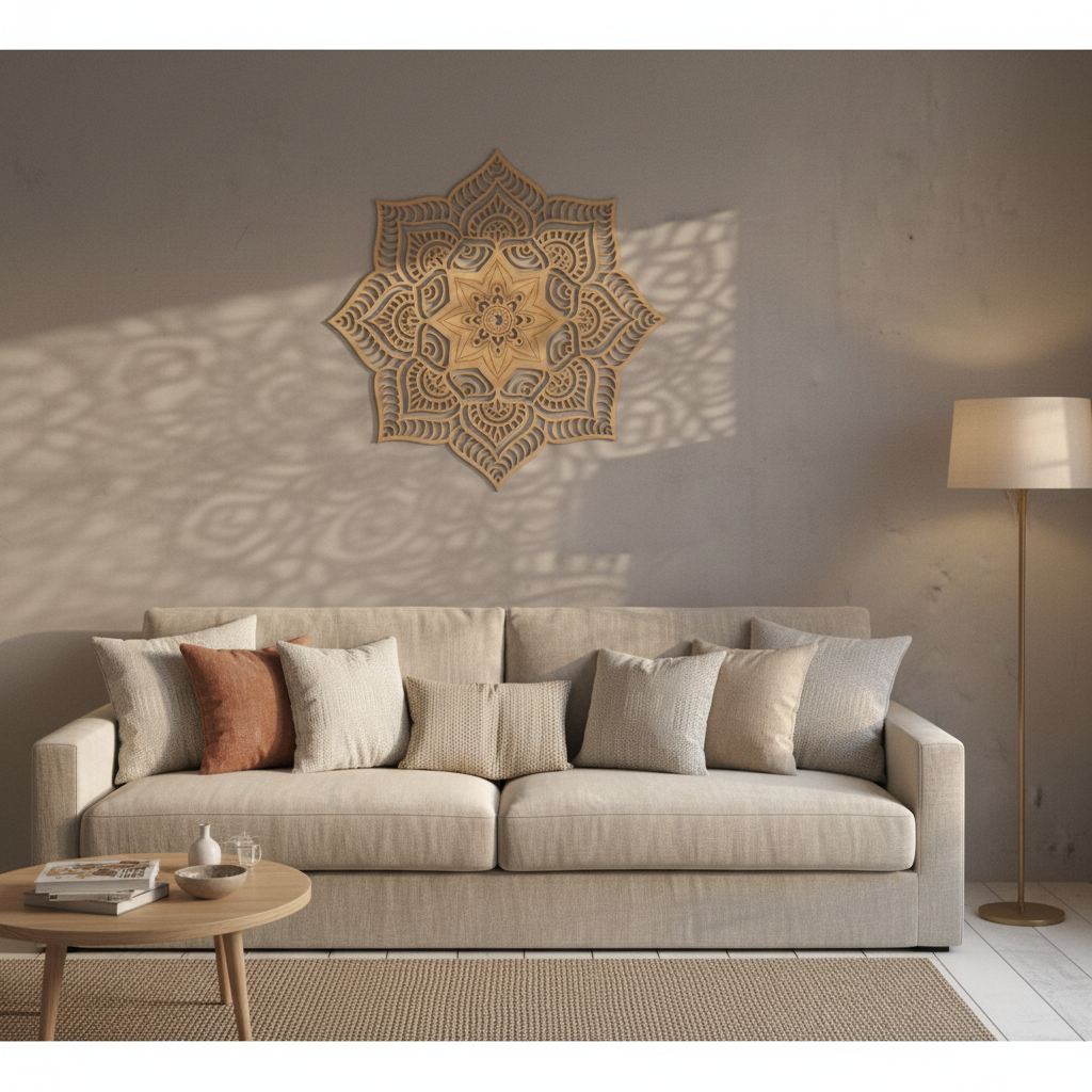Mandala Nujum como punto focal sobre sofá de lino gris en salón mediterráneo