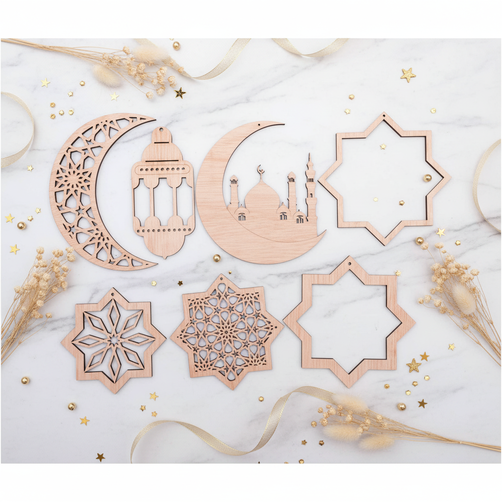 Flat lay del Set Hilāl completo sobre mármol blanco con flores secas y detalles dorados para Eid
