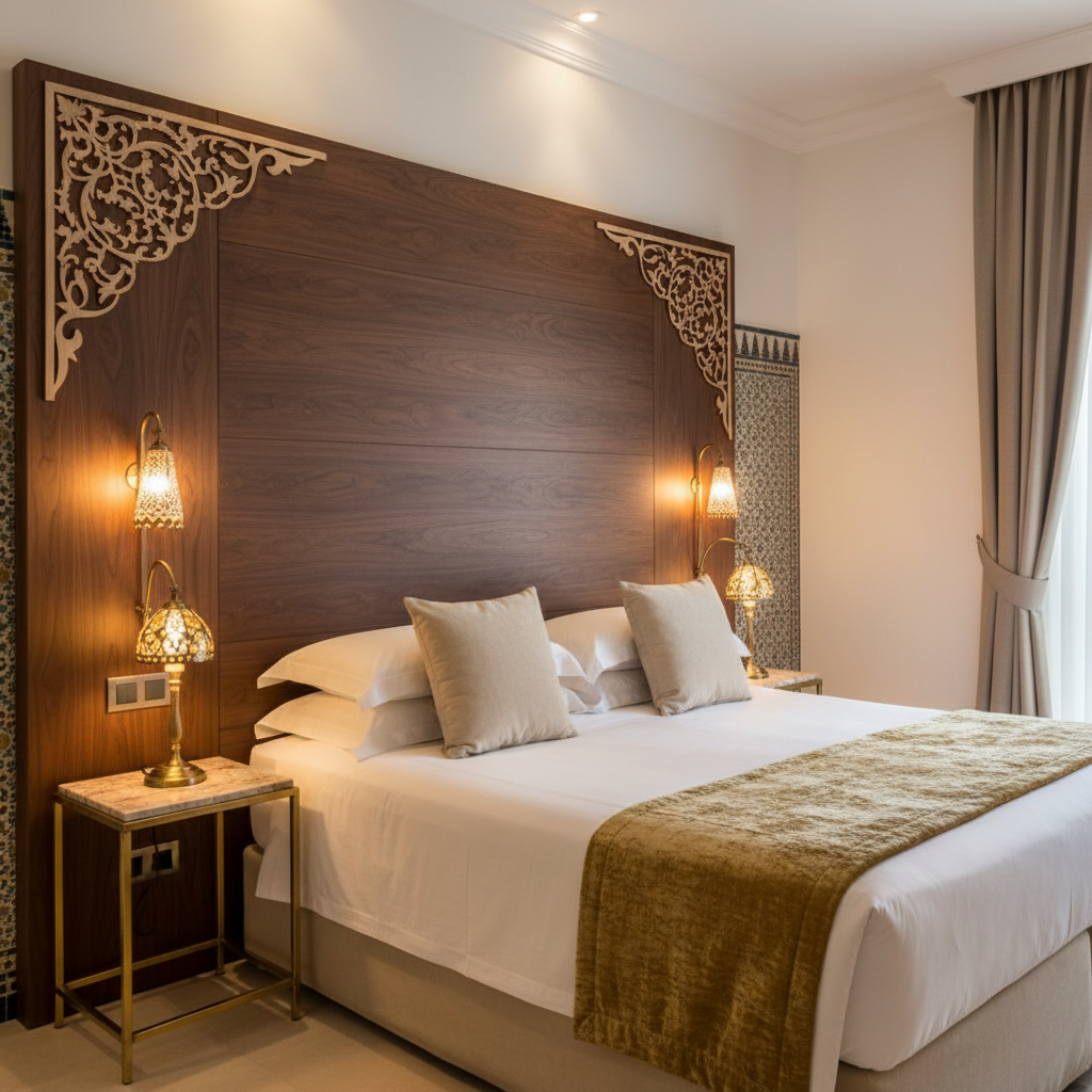 Esquineras Zāwiya como acento decorativo en cabecero de hotel boutique