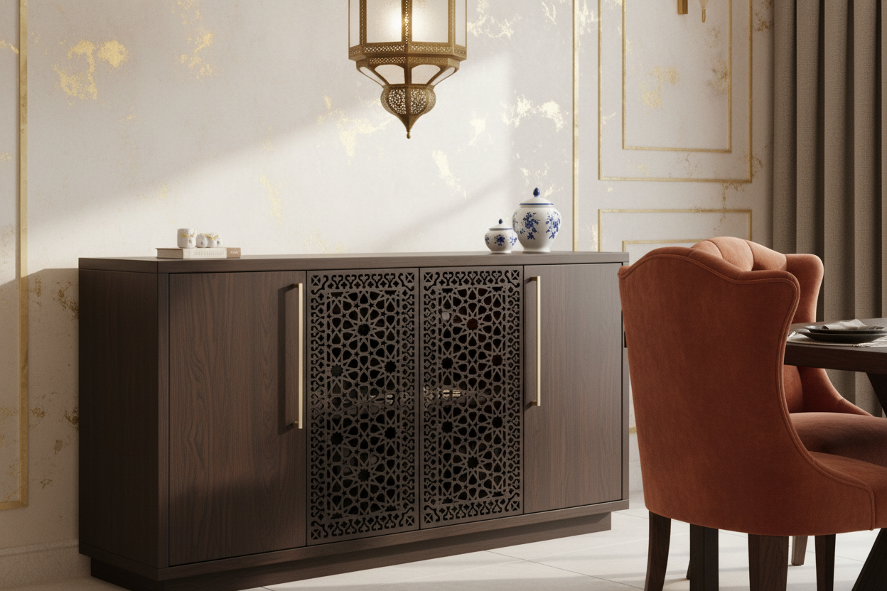 Celosía Wardān aplicada en puerta de aparador en comedor andalusí contemporáneo