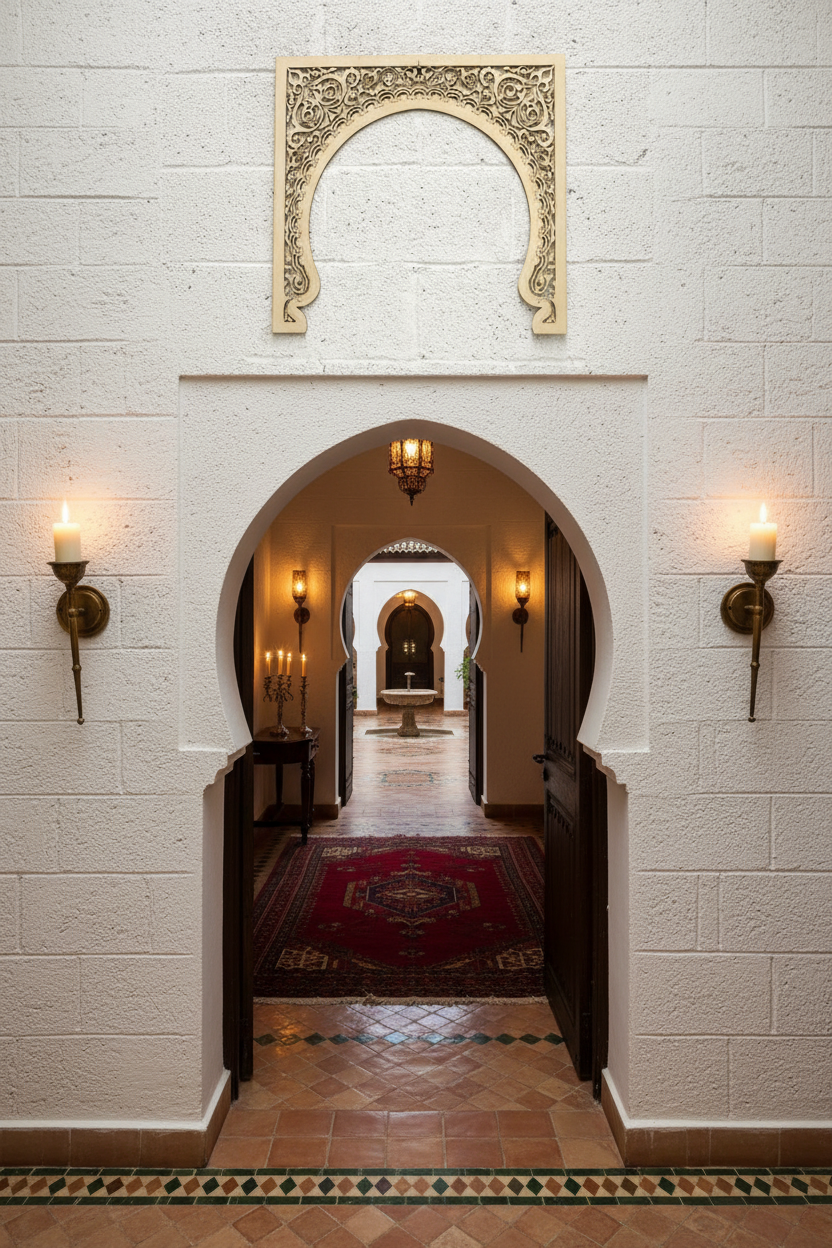 Celosía Bāb instalada sobre puerta en pasillo de riad de lujo con luz cálida