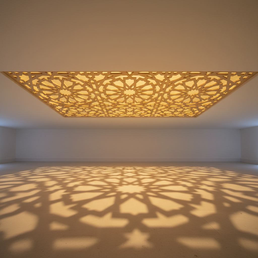 Celosía decorativa techo nazarí 60x60 cm instalada con efecto de luz y sombra