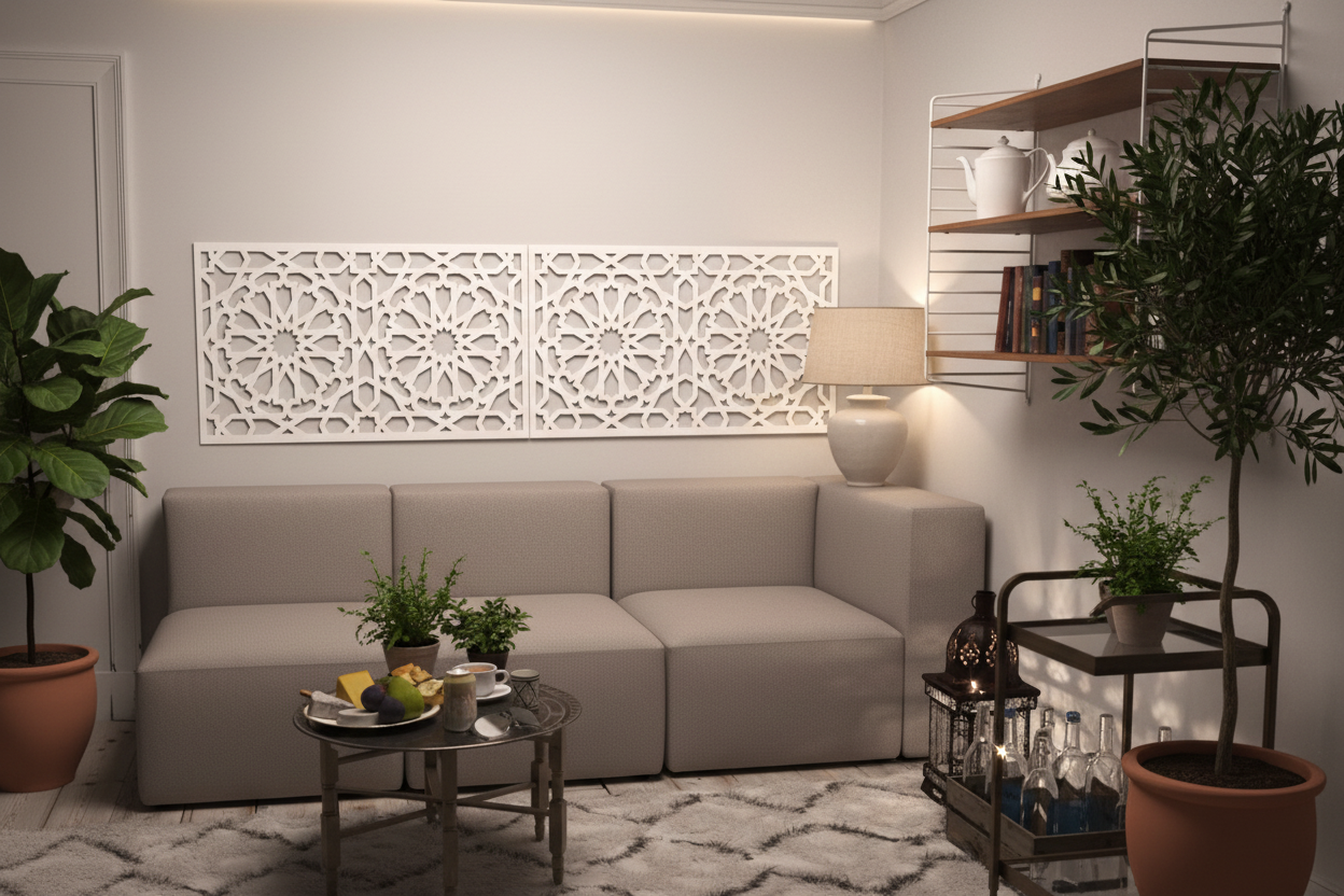 Paneles Alhambra como cuadro decorativo sobre sofá en salón mediterráneo