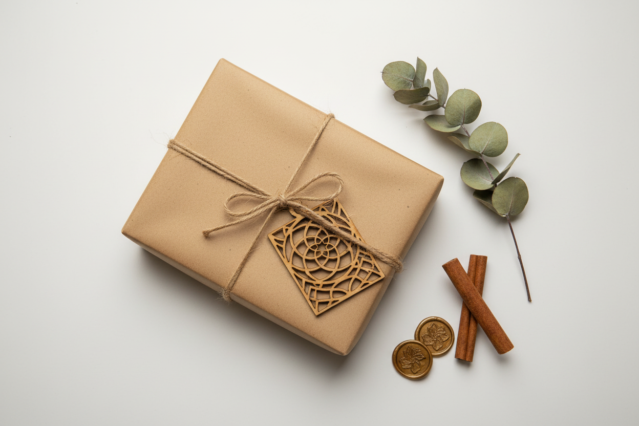 Celosía Zahra como etiqueta decorativa en regalo envuelto en papel kraft