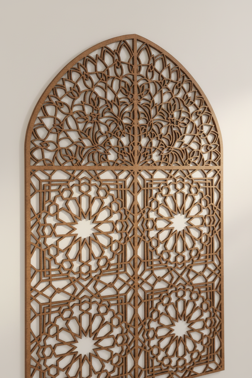 Detalle de la Celosía Bawwaba mostrando la transición entre el mandala floral de la cúpula y la retícula geométrica de estrellas del cuerpo