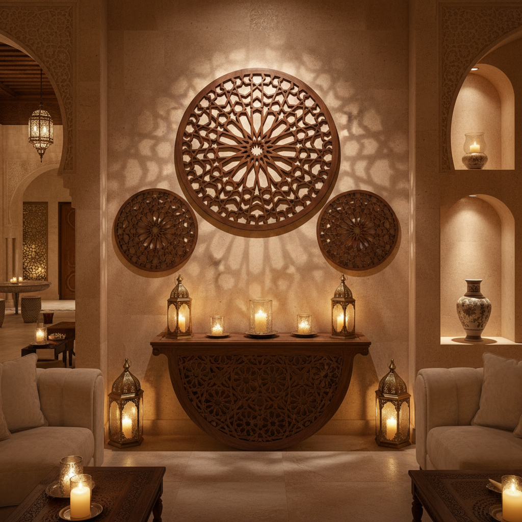 Composición mural con tres Celosías Dawwāra de distintos tamaños en spa boutique