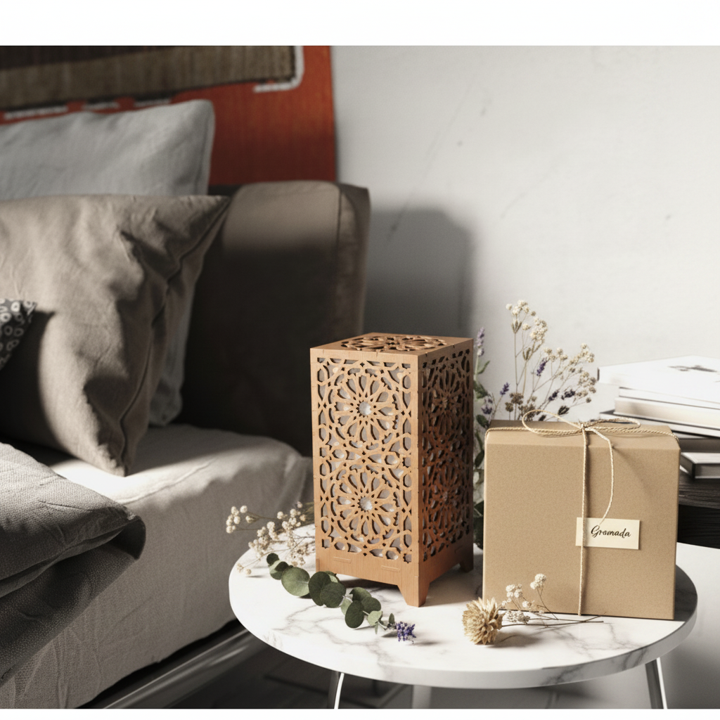 Lámpara Qasr presentada como regalo premium sobre mármol con flores secas y caja kraft