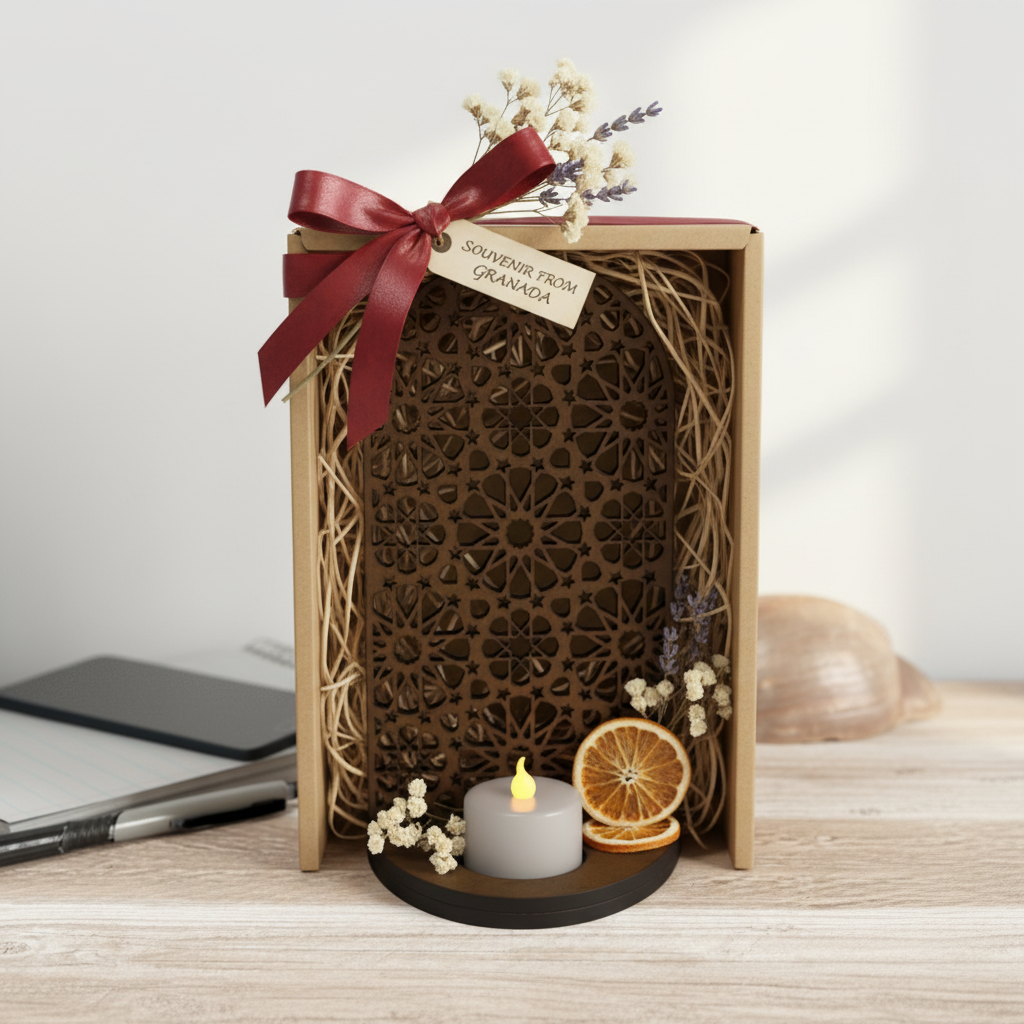Celosía Mishkāt presentada como regalo artesanal en caja kraft con flores secas