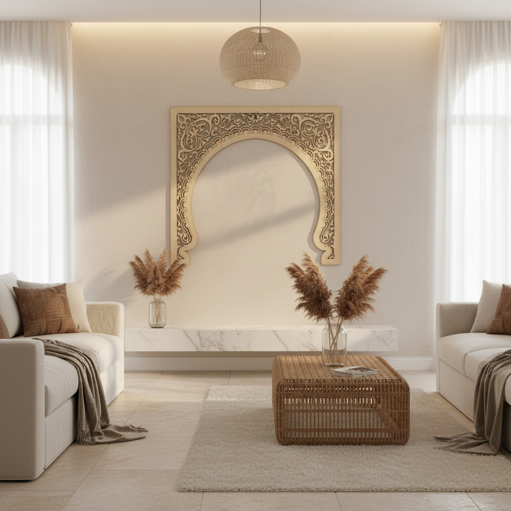 Arco Bab como cuadro decorativo sobre consola de mármol con pampas en salón mediterráneo