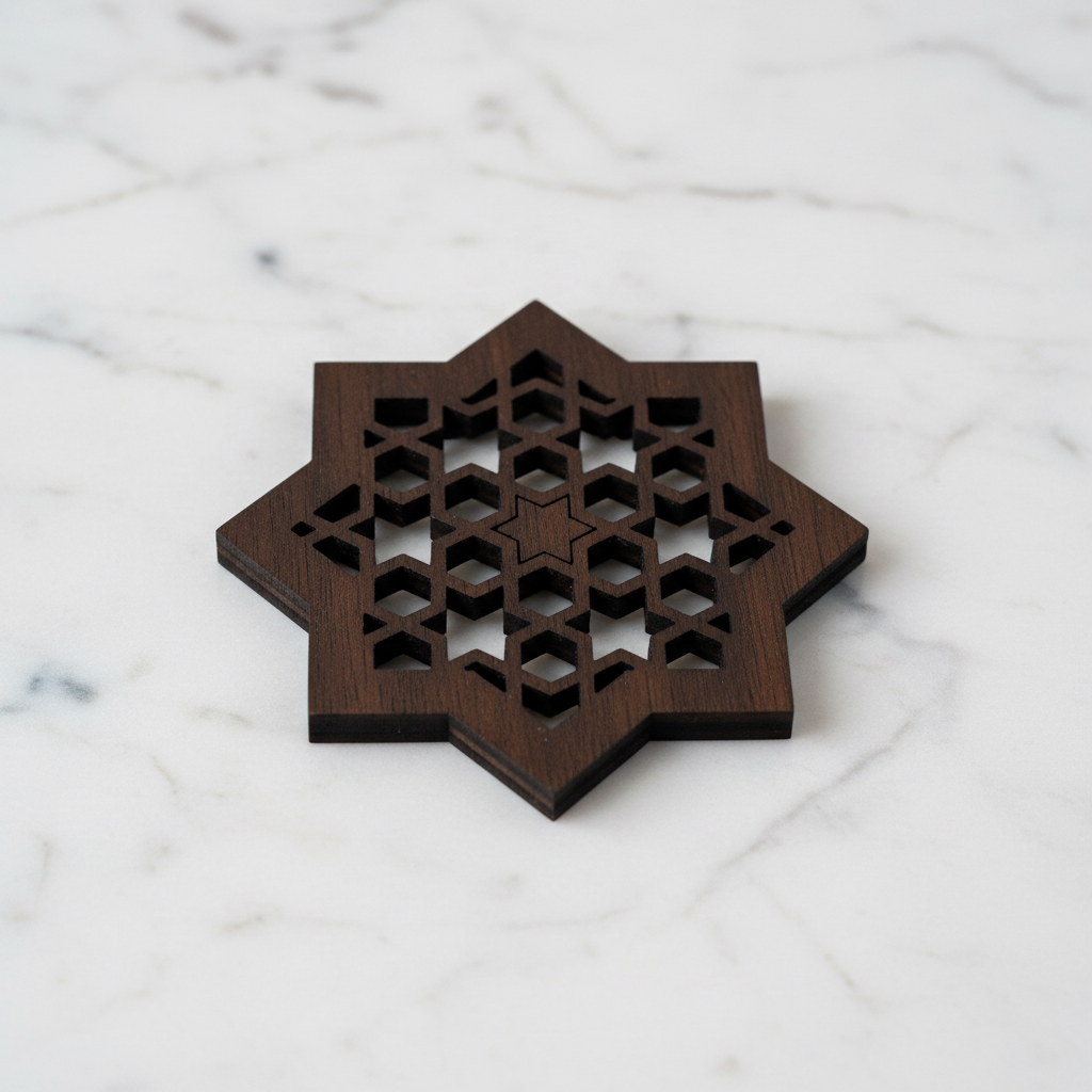 Detalle del patrón de estrellas hexagonales estilo Alhambra de la Celosía Najma en wengüé