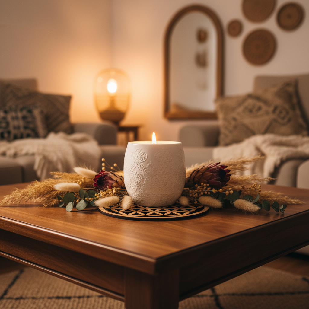 Celosía Zahra como base decorativa para vela y flores secas en mesa de salón