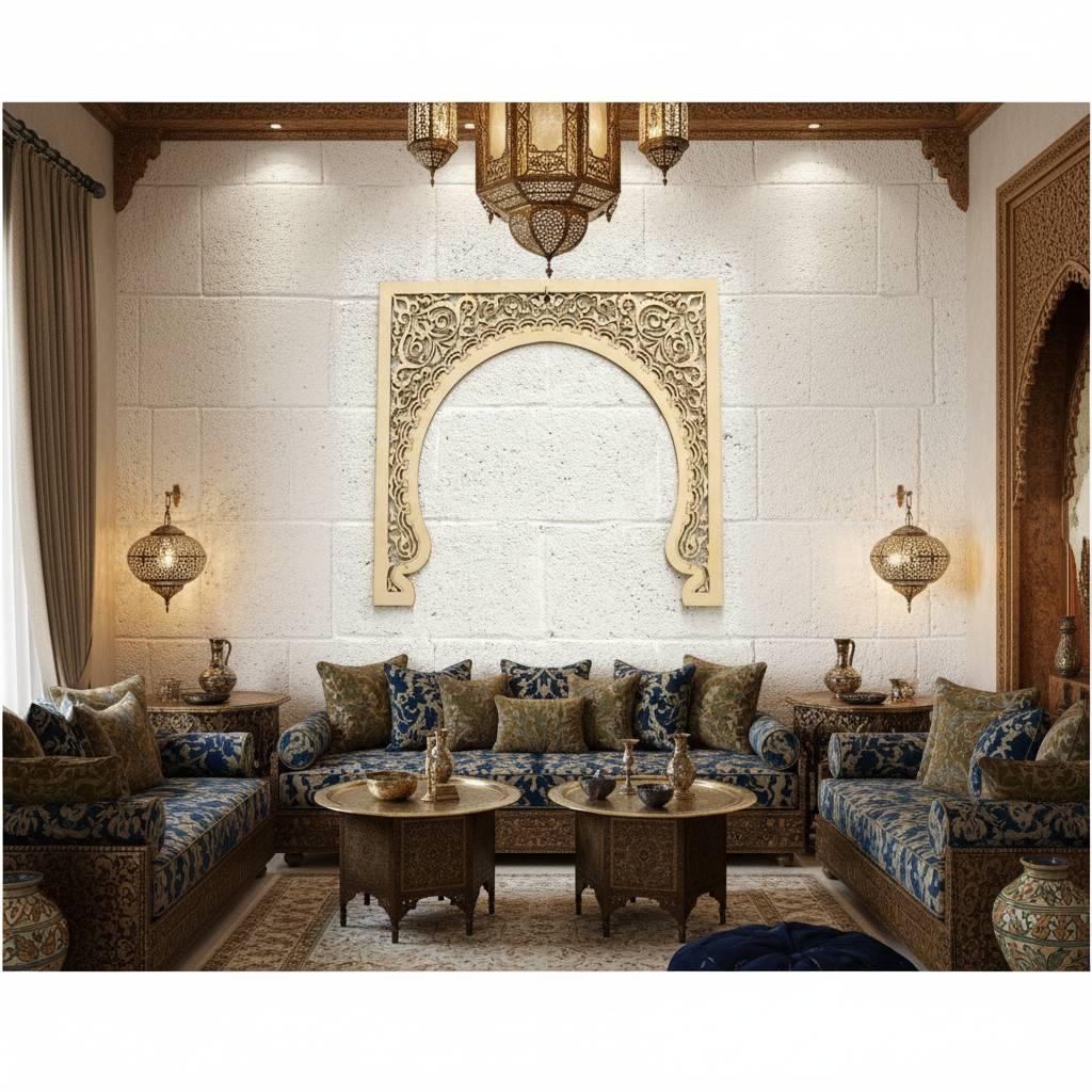 Celosía Bāb marco de arco nazarí con arabescos florales montado en pared de salón andalusí