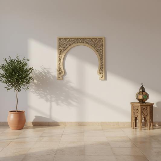 Ventana decorativa arco árabe Colección Medina madera 60cm en pared interior