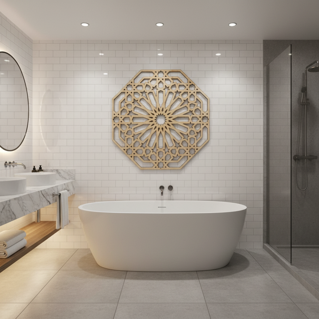 Celosía Rayan como decoración en baño spa boutique sobre bañera exenta