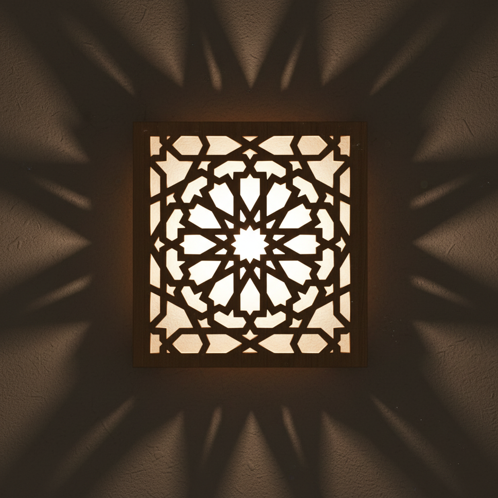 Detalle del patrón de estrella de 12 puntas Alhambra del Aplique Qamar con luz cálida
