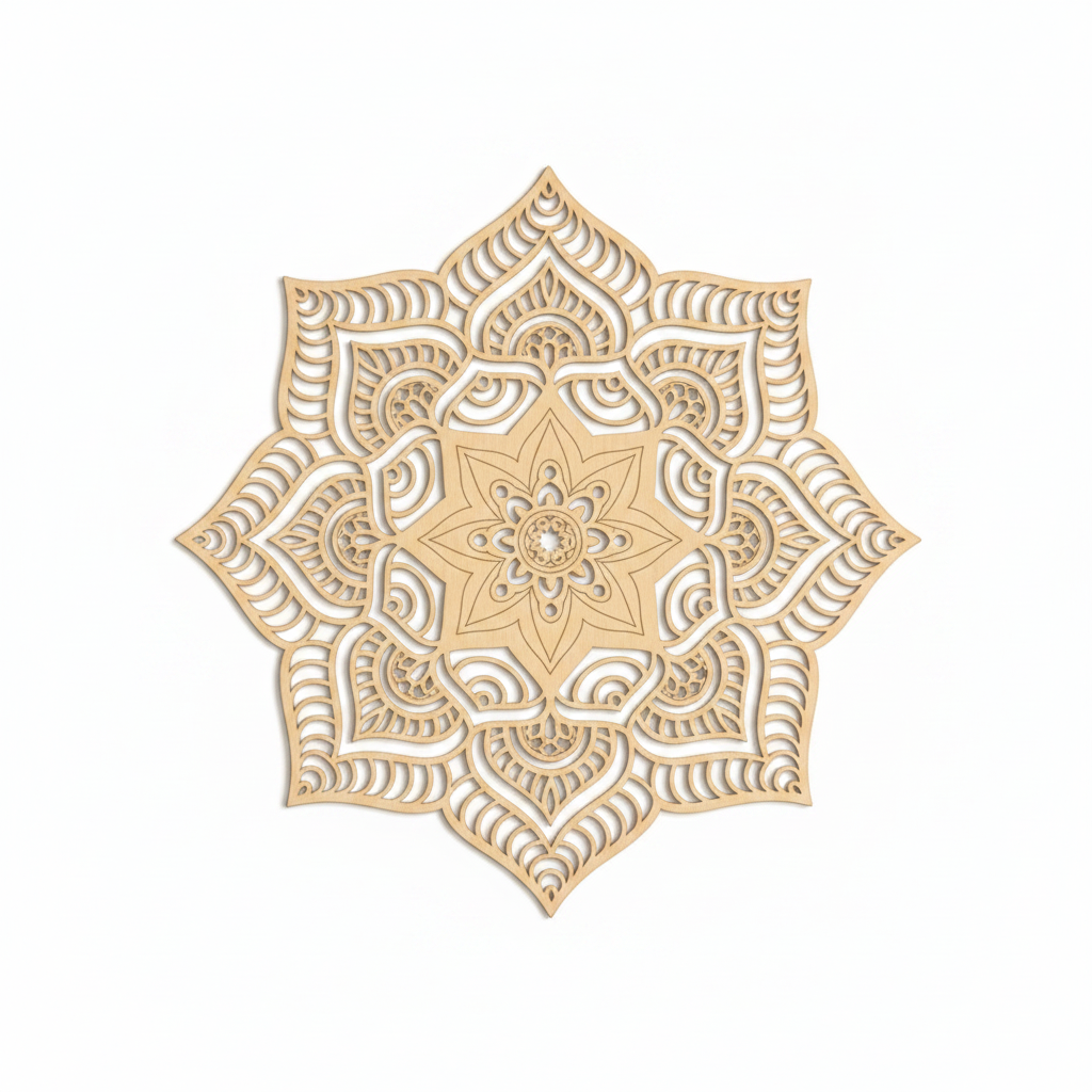 Mandala Nujum sola sobre fondo blanco mostrando estrella octogonal de 8 puntas con pétalos concéntricos en acabado natural
