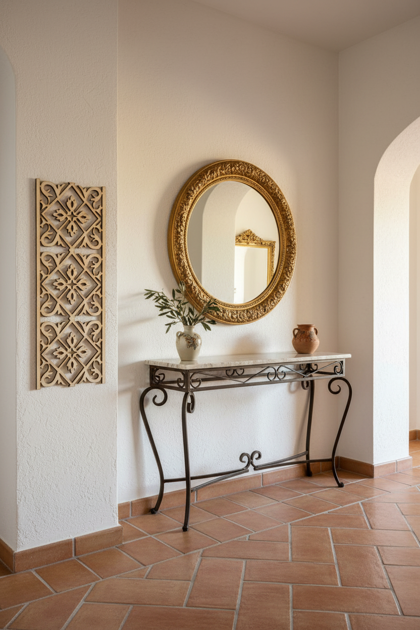 Celosía Nadia como pilastra decorativa en entrada mediterránea con consola