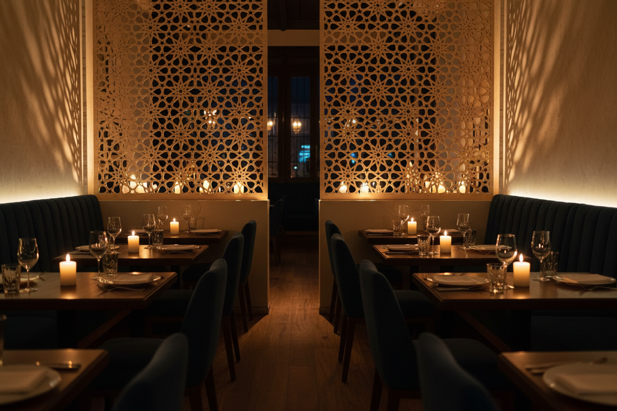 Celosía Mekness como separador de ambientes en restaurante boutique con sombras proyectadas
