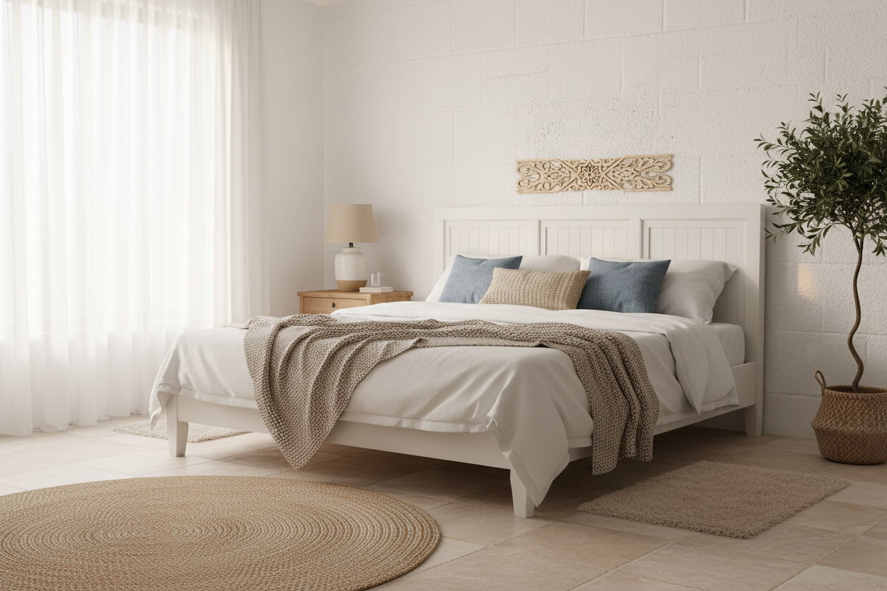 Celosía Jamil como cenefa decorativa sobre cabecero blanco en dormitorio mediterráneo