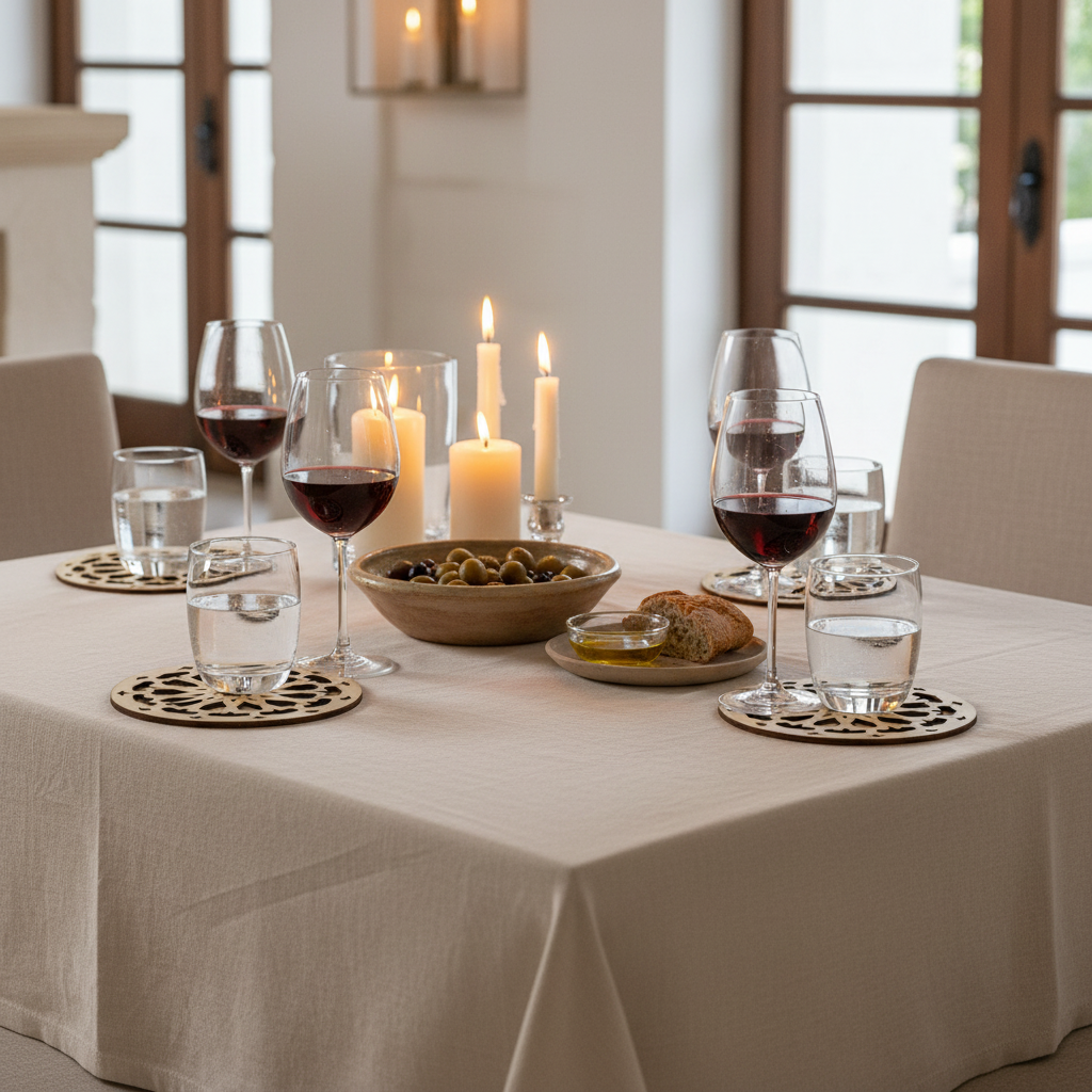 Cuatro posavasos Qamar bajo copas y vasos en mesa de comedor mediterráneo