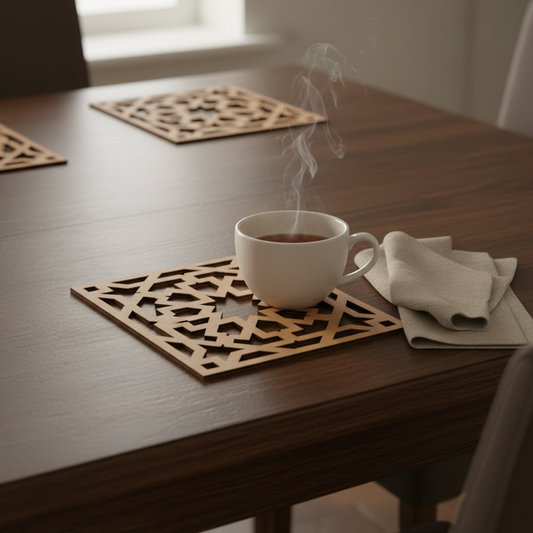 Salvamantel decorativo Colección Rubí madera andalusí sobre mesa elegante