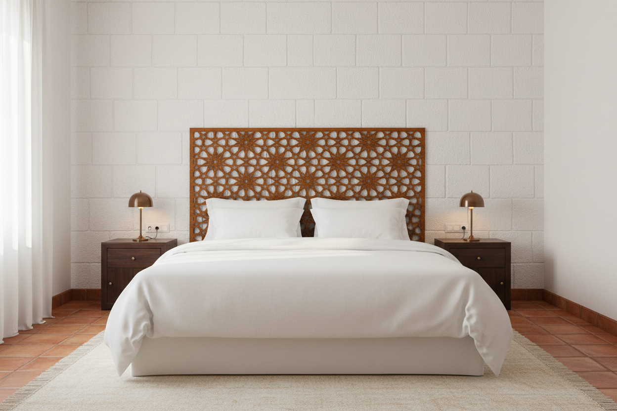 Celosía Sabr como cabecero sobre cama king size en dormitorio andaluz de lujo acabado caoba