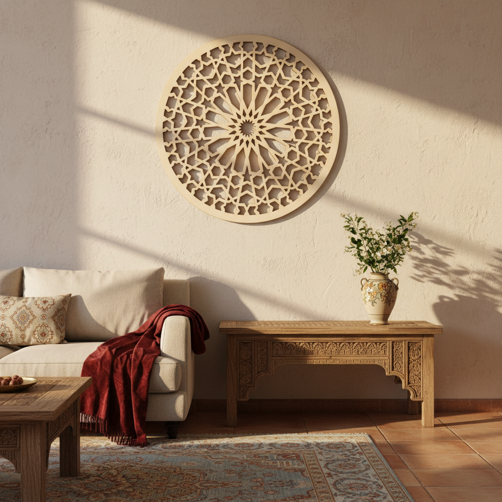 Celosía Dawwāra circular montada en pared de salón estilo andalusí con sombras geométricas