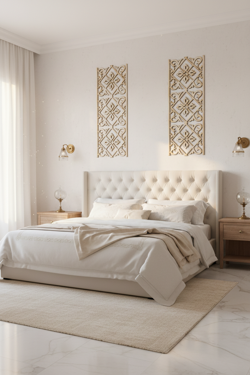 Celosía Nadia como pilastras flanqueando cabecero en dormitorio andaluz