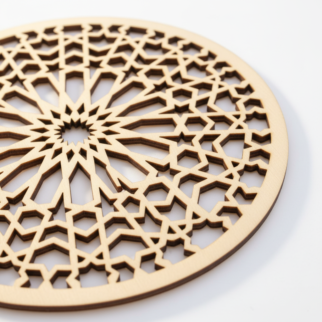 Detalle del patrón geométrico radial de la Celosía Dawwāra en madera natural