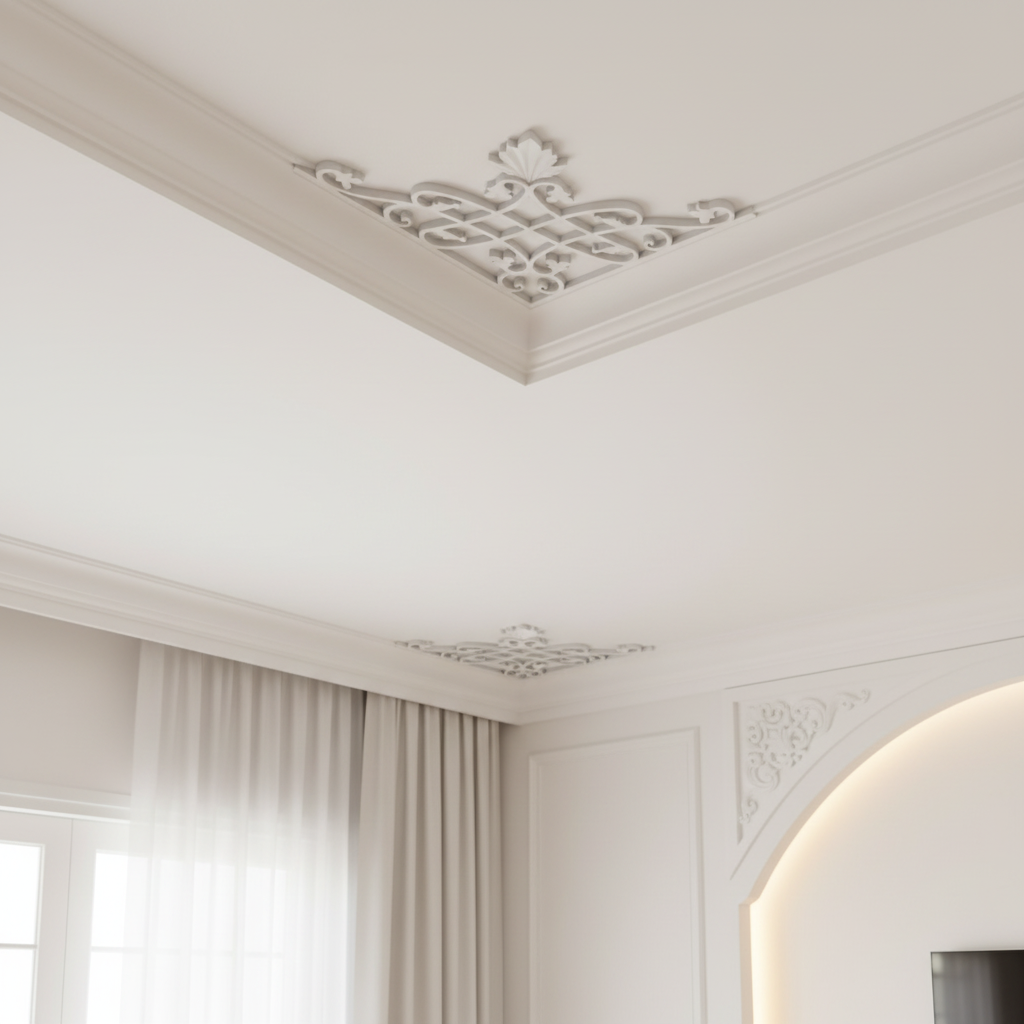 Esquineras Rukn blancas como ornamento de cornisa en la unión entre pared y techo en salón andaluz