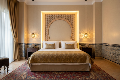 Celosía Iwan usada como cabecero arquitectónico en dormitorio de hotel boutique andalusí
