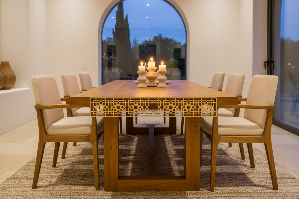 Celosía TIH en borde de mesa de comedor mediterráneo premium