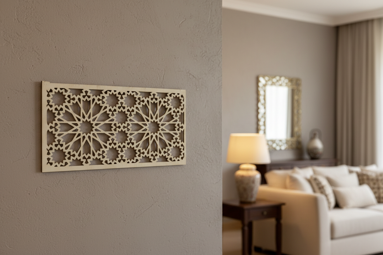 Celosía Zallīj en blanco hueso montada en pared gris de salón andalusí contemporáneo