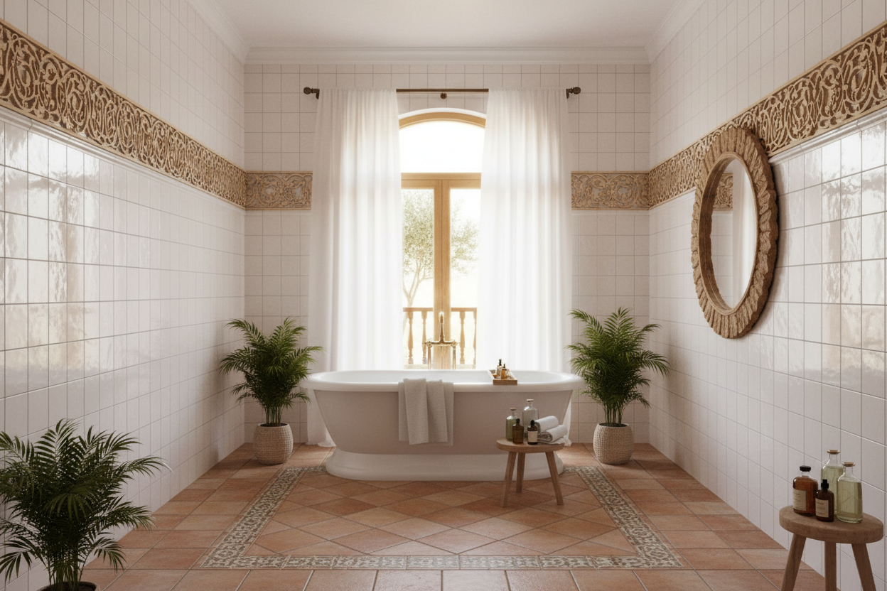 Celosía Allablab como cenefa decorativa en baño spa mediterráneo