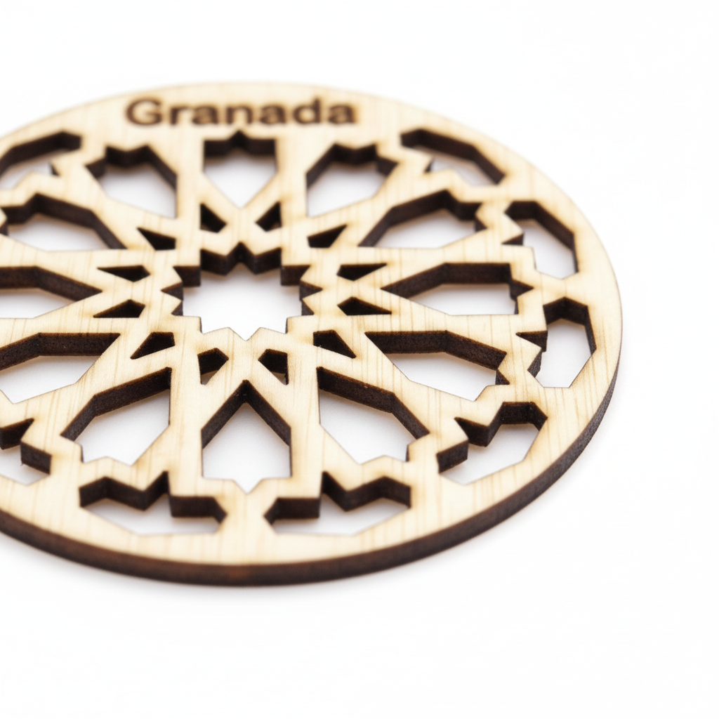 Detalle de la estrella granadina calada y el texto Granada grabado a láser del Posavasos Gharnāta