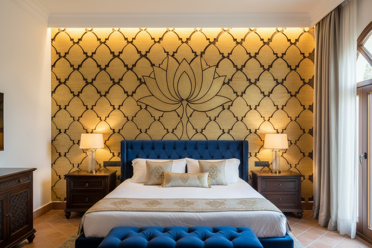 Mosaico de hojas de loto doradas cubriendo panel de pared en dormitorio andalusí premium