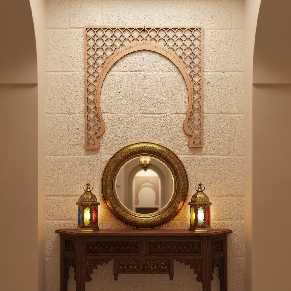 Celosía Iwan en madera natural sobre pared blanca con consola y faroles marroquíes