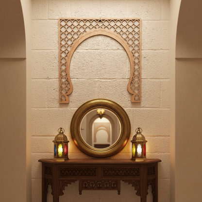Celosía Iwan en madera natural sobre pared blanca con consola y faroles marroquíes