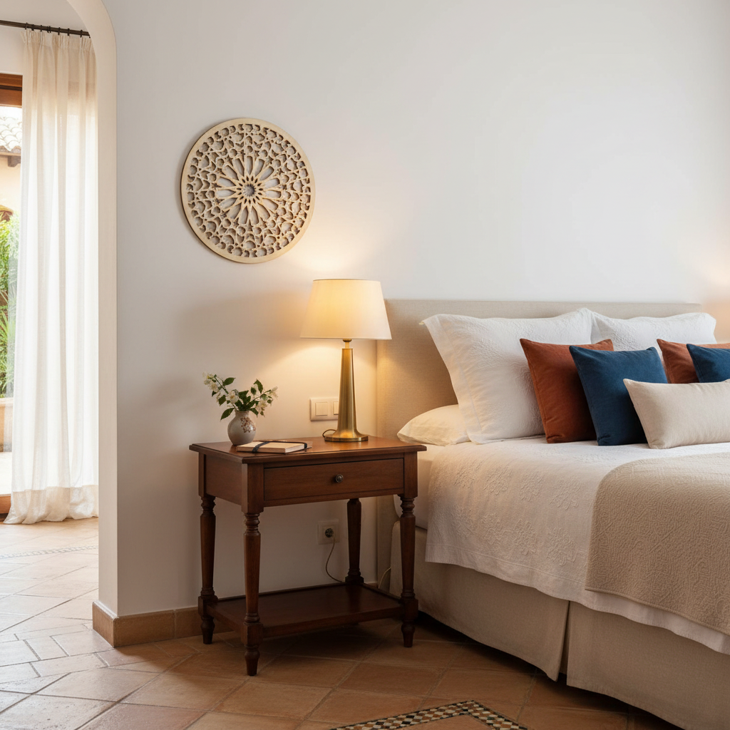 Celosía Badr como arte de pared en dormitorio andaluz junto a mesita