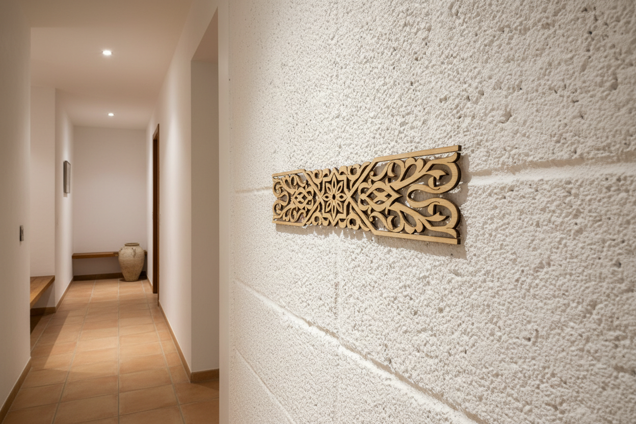 Celosía Jamil montada en pared de estuco blanco en pasillo andaluz premium