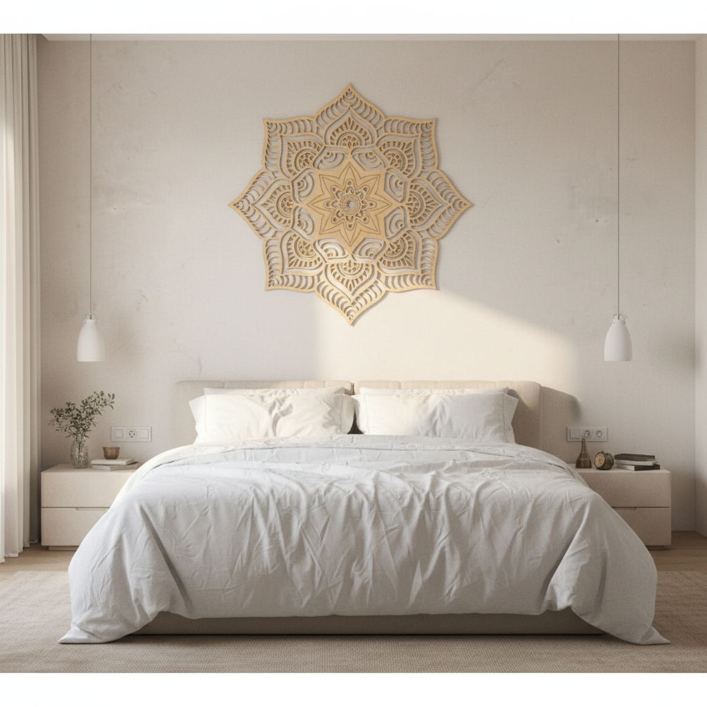 Mandala Nujum como cuadro statement sobre cama king size en dormitorio andaluz de lujo