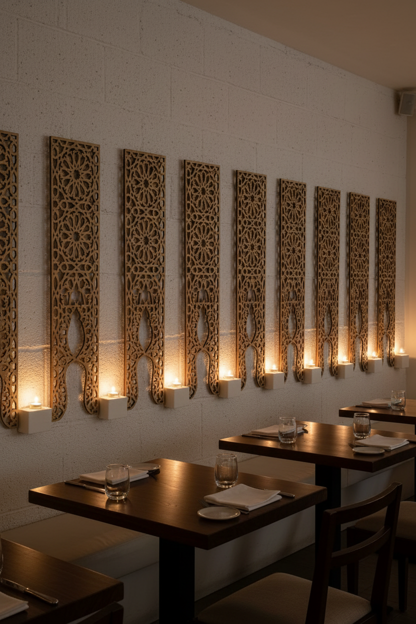 Múltiples paneles Mihrab en serie creando arcada decorativa en restaurante boutique andaluz