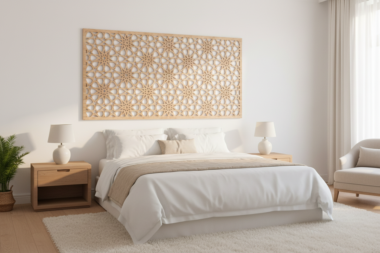 Celosía Mekness como cabecero sobre cama king size en dormitorio andaluz de lujo