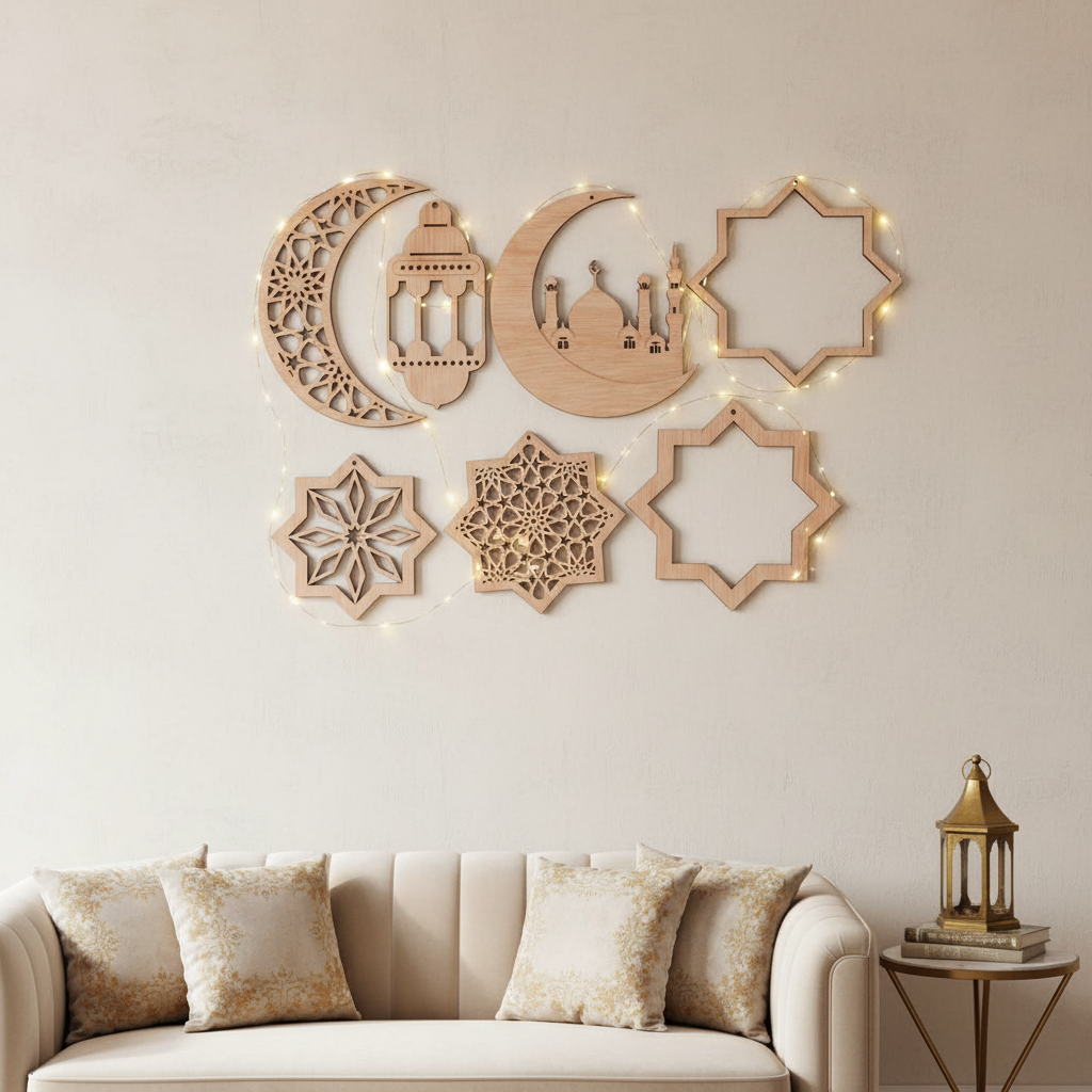 Set Hilāl de 7 piezas islámicas en madera como composición mural en salón decorado para Ramadán