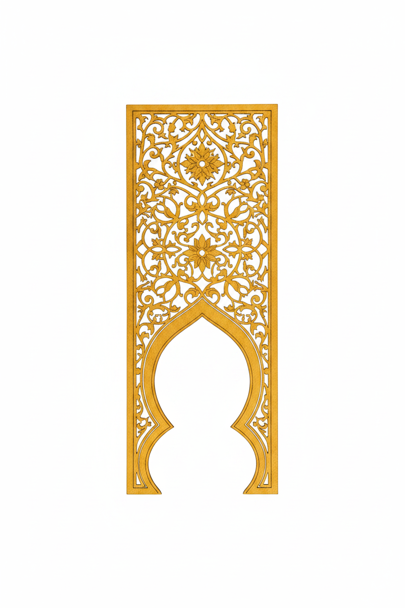 Panel Qaws solo sobre fondo blanco mostrando arabesco floral superior y arco bilobulado inferior en acabado dorado intenso