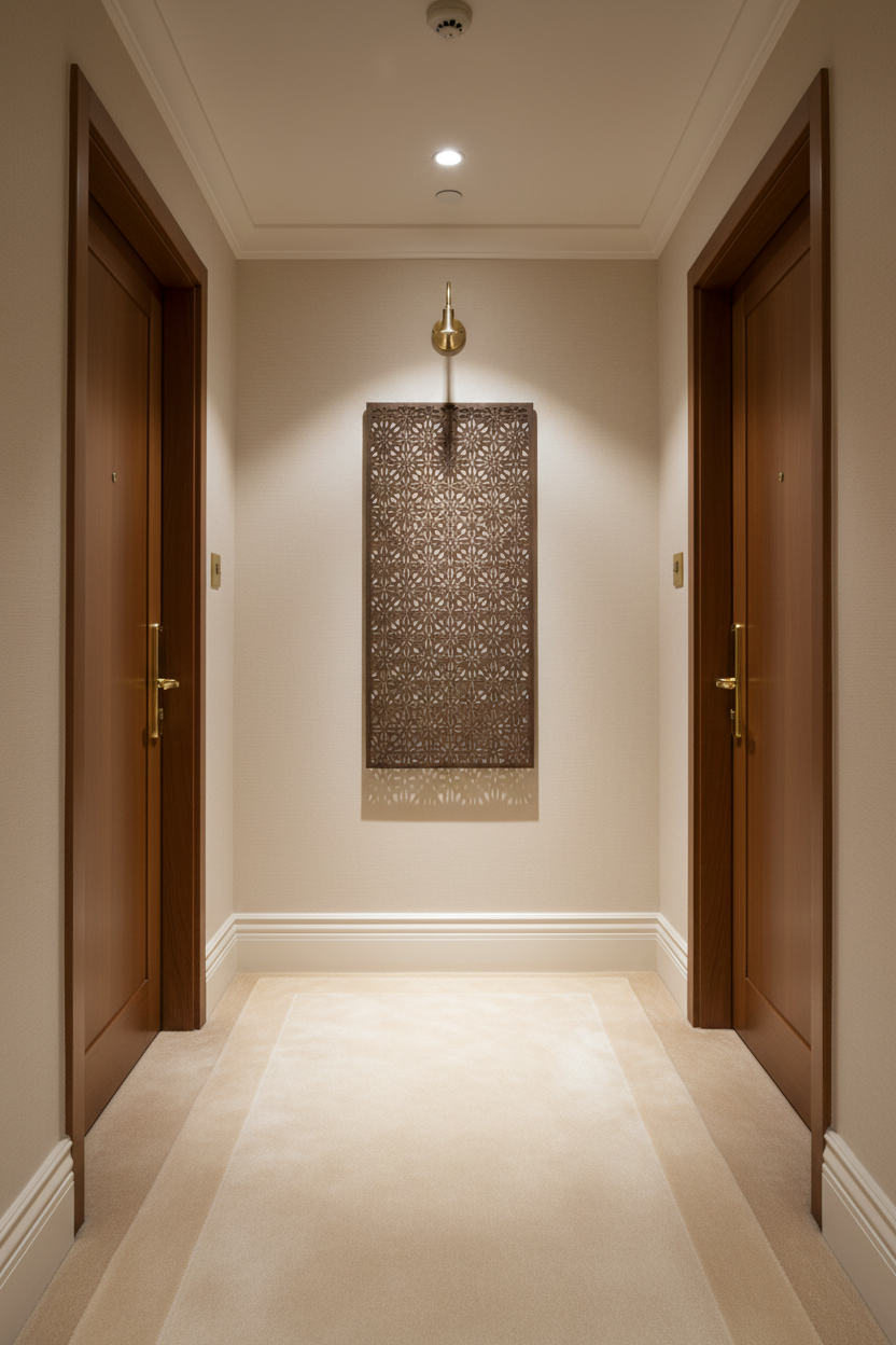 Celosía Bahar como elemento decorativo en pasillo de hotel boutique andaluz