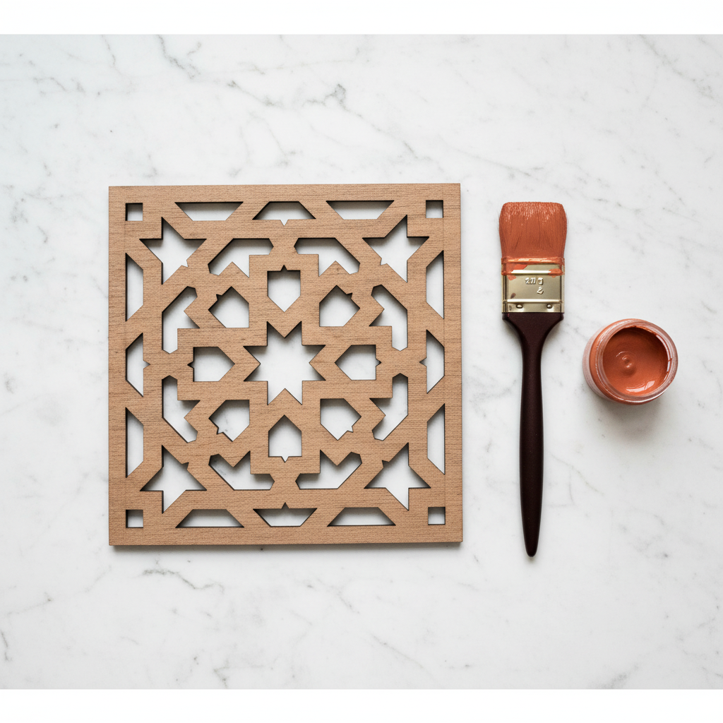 Celosía Murabba usada como plantilla para pintar con pincel y pintura terracota en taller artesanal