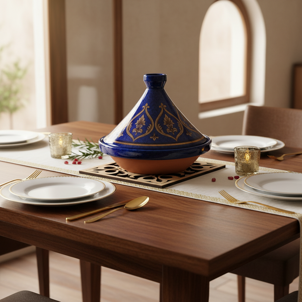 Celosía Tawrīq como salvamantel bajo fuente cerámica en mesa de comedor andalusí
